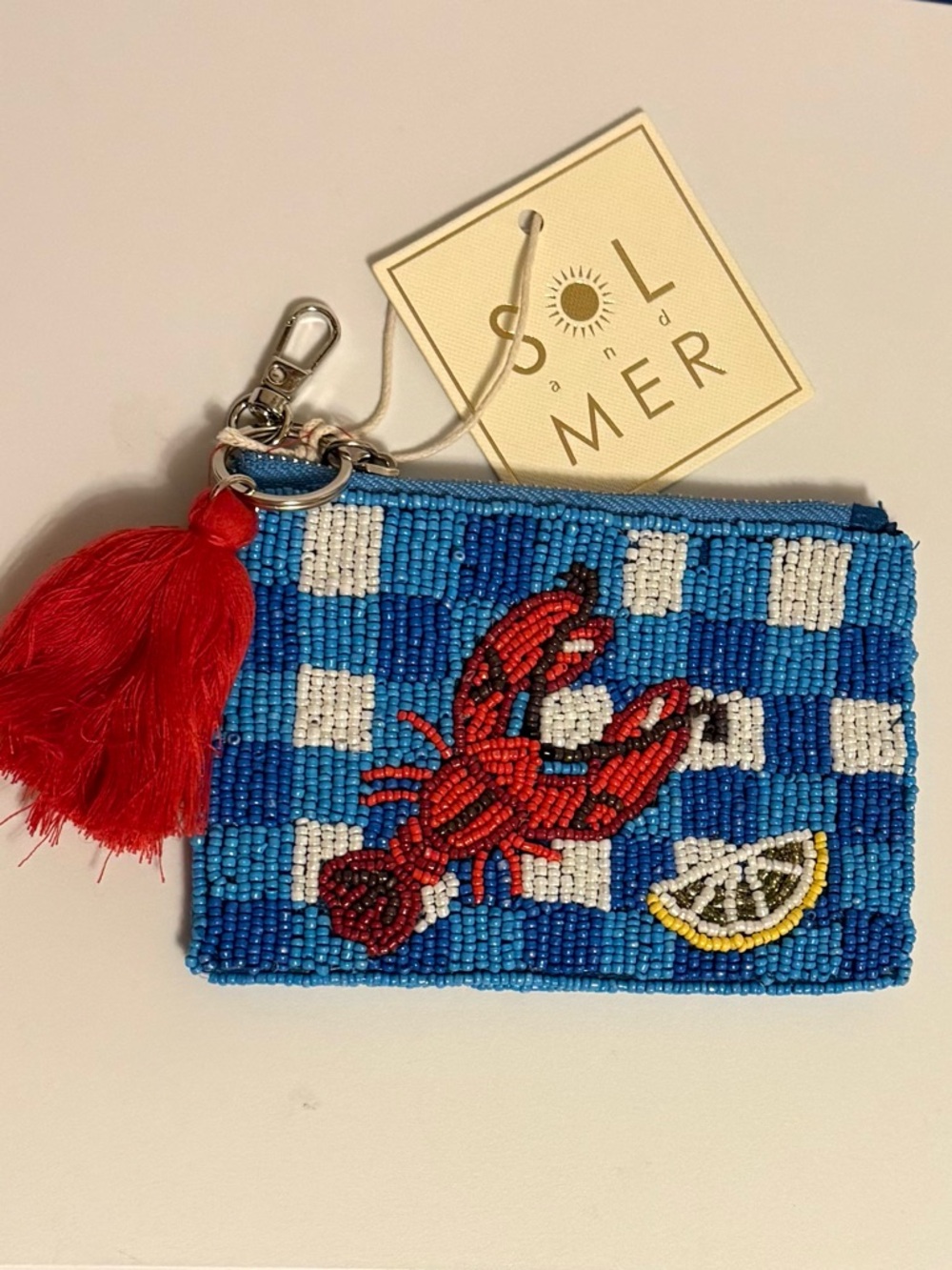 SOL & MER Beaded Lobster Coin Purse Pouch Gingham Blue - Picture 2 of 3